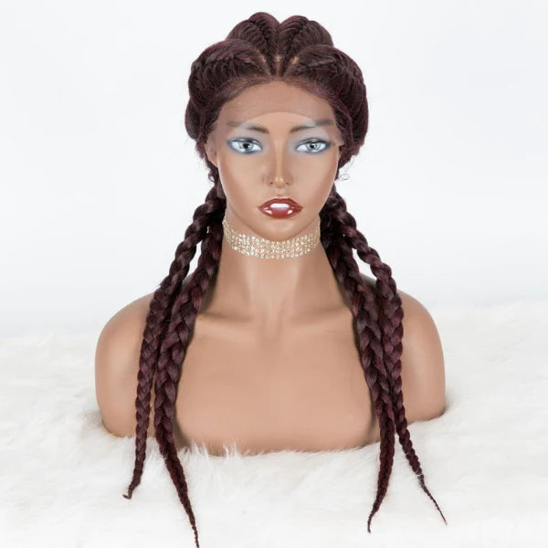 Synthetic Braids Wig Color 1B/99J 100% Hand Braided Cornrow Braids Wig with 4 Ponytails Synthetic Hair
