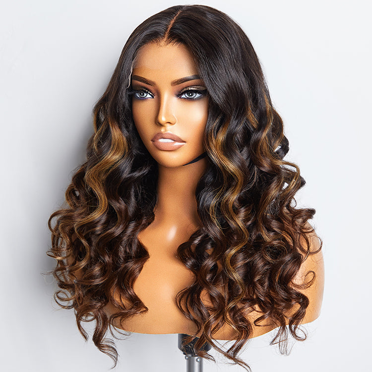 Worth | Beginner Friendly Brown Highlights Bouncy Loose Wave Glueless 5*5 Closure Lace Wig-02