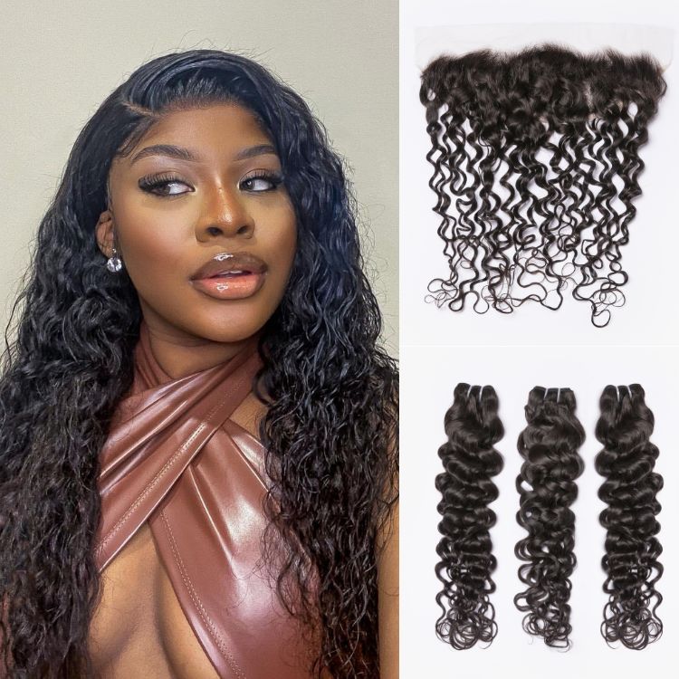 Water Wave 13x4 Lace Frontal with 3 Curly Bundles 100% Human Hair-08