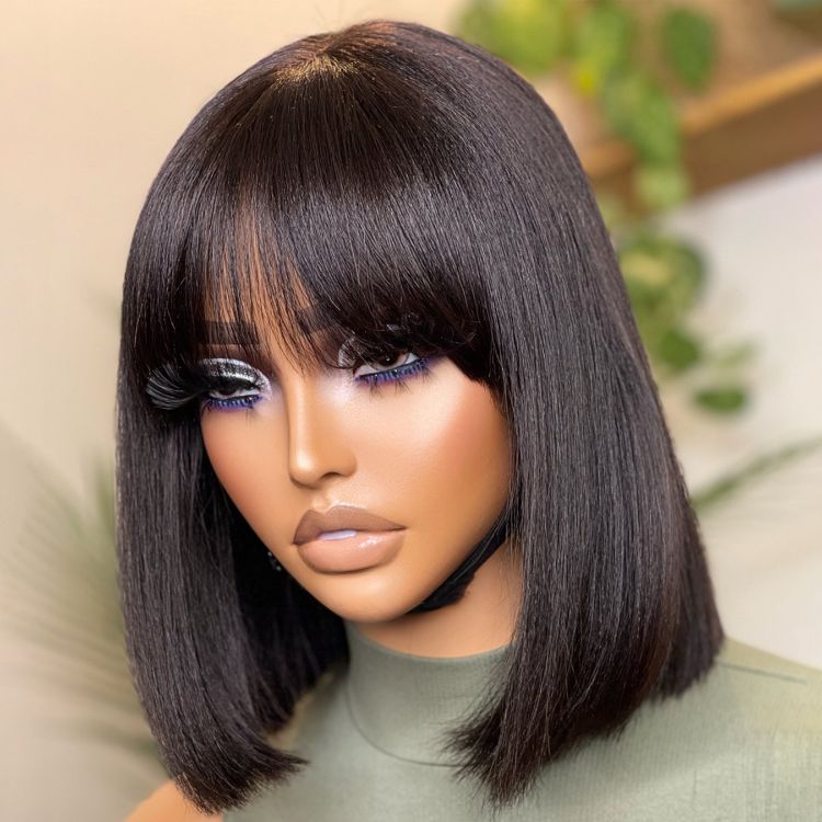 Worth | Put On And Go Realistic Glueless Yaki Straight Bob With Bangs Minimalist Lace Wig 100% Human Hair