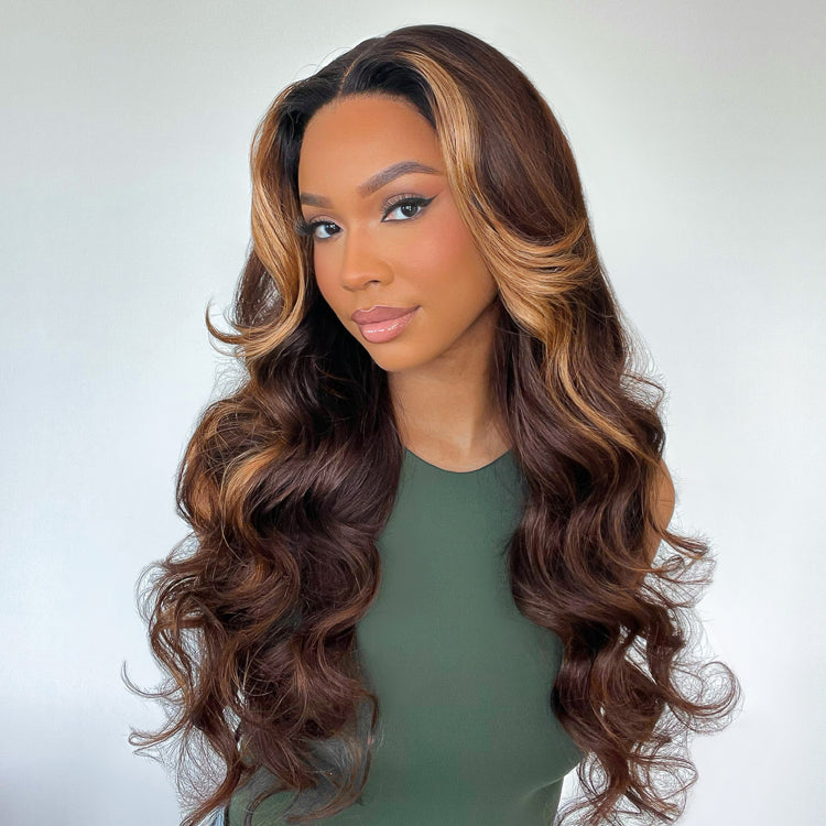 OUTLET I Curtain Bangs Chocolate Highlight Loose Wave Y-Shape HD Lace Wig-SA ONLY-01