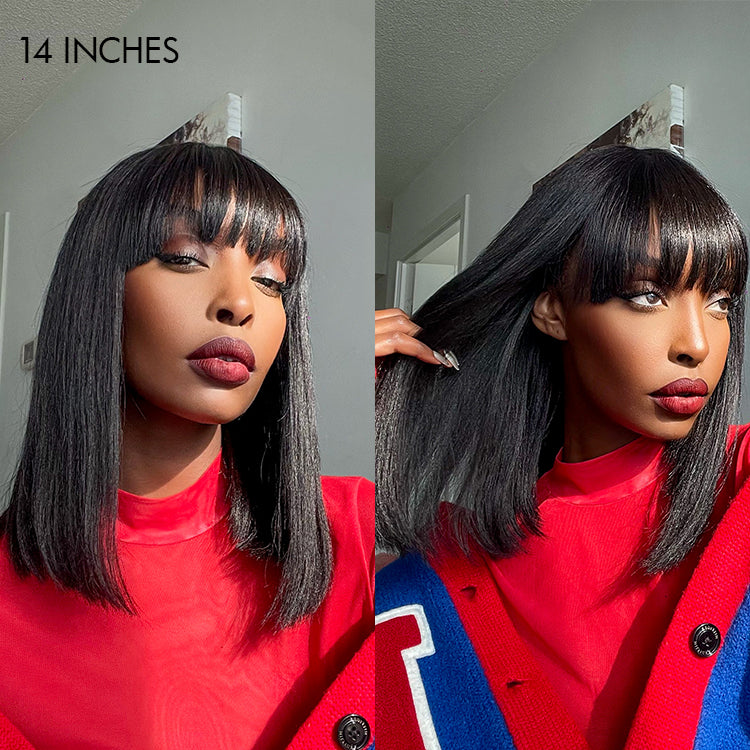 Worth | Put On and Go Realistic Glueless Yaki Straight Bob with Bangs Minimalist Lace Wig 100% Human Hair-01