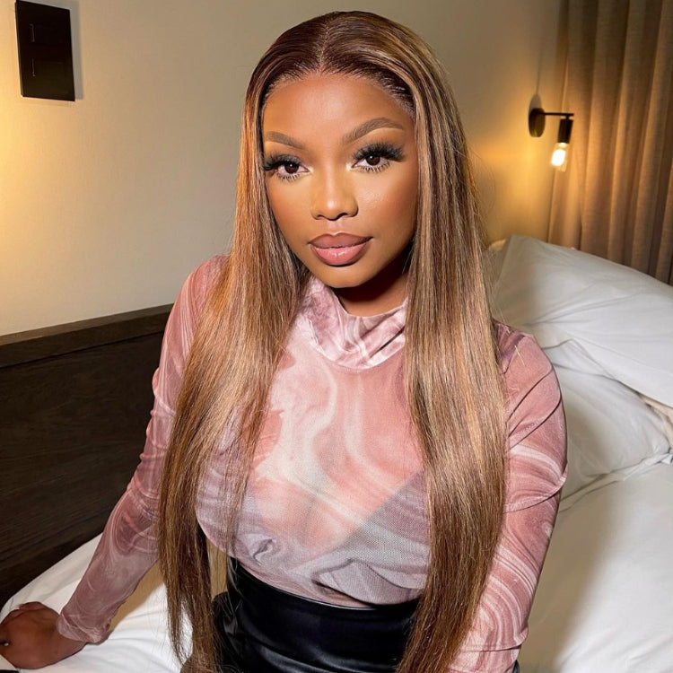 Worth I Highlight Brown Straight Full Frontal Lace Wig Middle Part-01