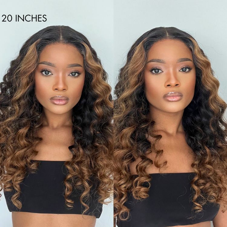 OUTLET | Fluffy Brown Ombre Highlights Water Wave Glueless 5x5 Closure HD Lace Long Curly Wig Breathable Cap