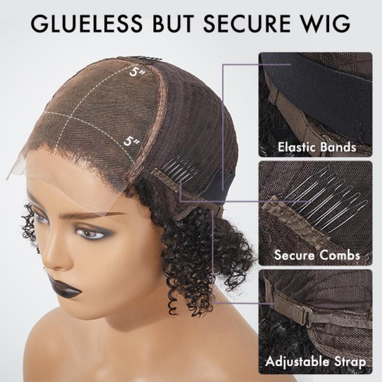 Outlet | 4C Edges | Kinky Edges Jerry Curly 5x5 Closure Lace Glueless Side Part Short Wig 100% Human Hair-08