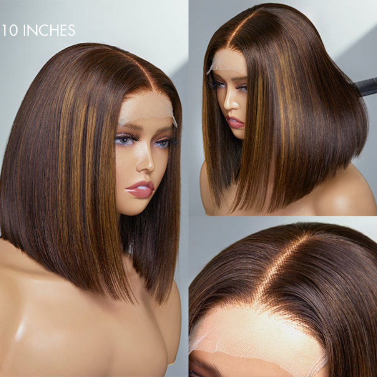 Worth |Glueless Chestnut Brown Highlights Straight 4x4 Closure Bob Wig 100% Human Hair