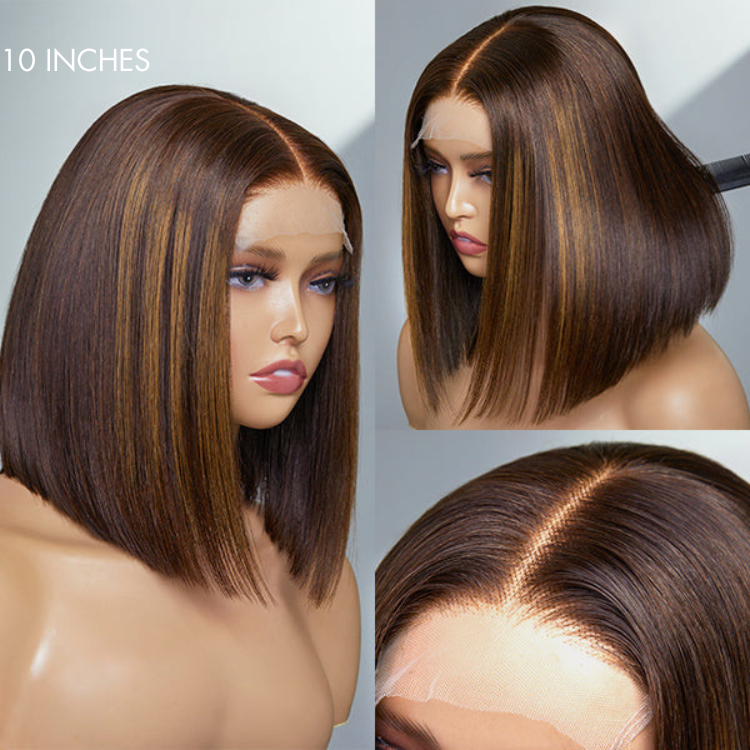 Glueless Chestnut Brown Highlights Straight 4x4 Closure Bob Wig 100% Human Hair