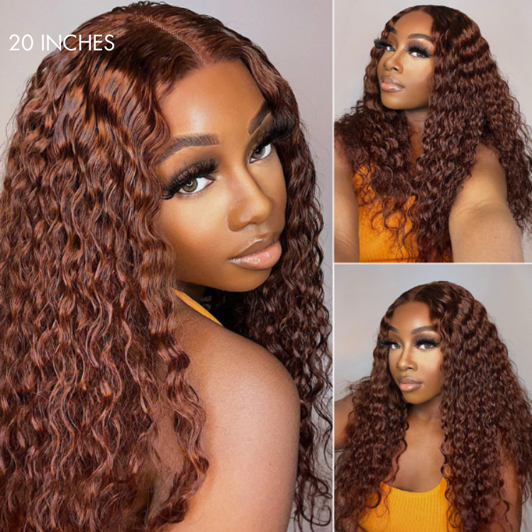 OUTLET | Casual Reddish Brown Curly 5x5 Closure Lace Glueless Mid Part Long Curly Wig 100% Human Hair-02