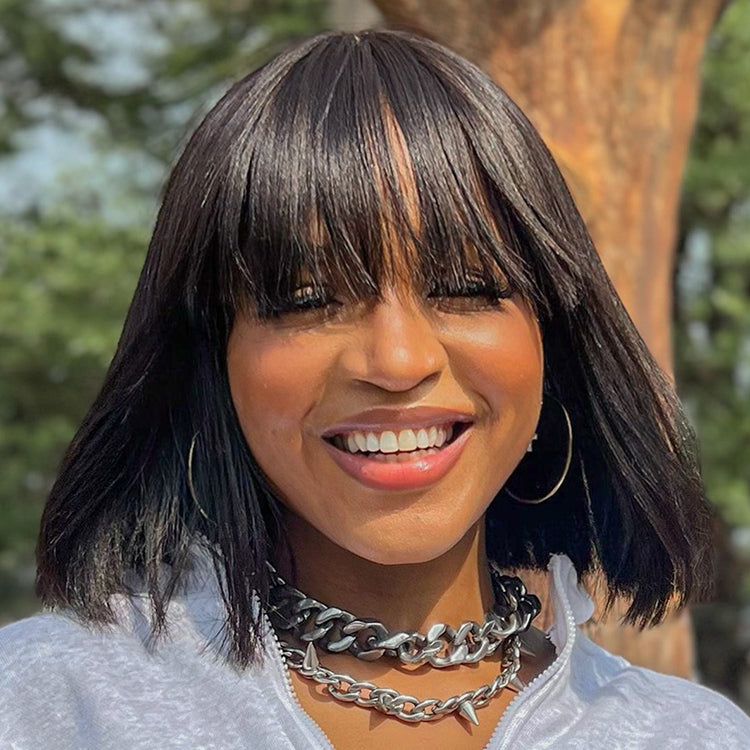 Worth | Trendy Layered Cut Yaki Straight Glueless Minimalist Lace Bob Wig With Bangs 100% Human Hair | Put On And Go-04