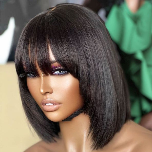 Worth | Trendy Layered Cut Yaki Straight Glueless Minimalist Lace Bob Wig With Bangs 100% Human Hair | Put On And Go-05