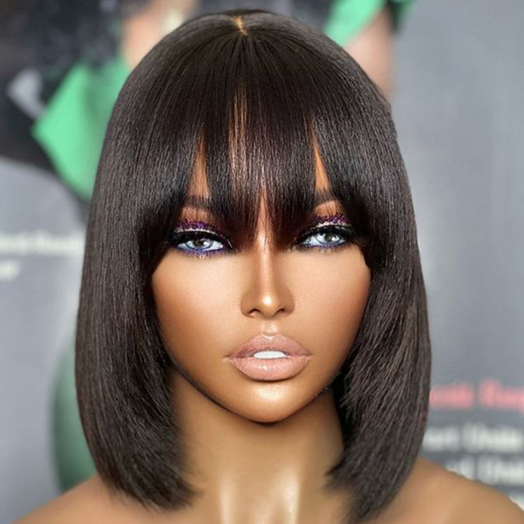 Worth | Trendy Layered Cut Yaki Straight Glueless Minimalist Lace Bob Wig With Bangs 100% Human Hair | Put On And Go-06