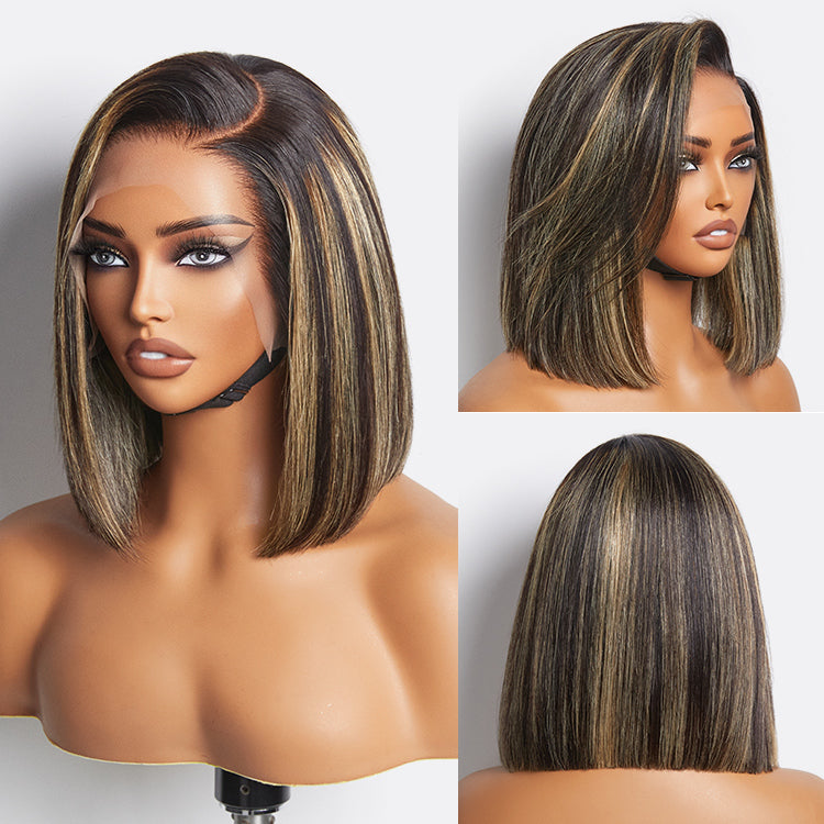 Super Natural C Part/M Part Natural Black / Blonde Highlight Glueless Lace Bob Wig Fits All Face Shapes