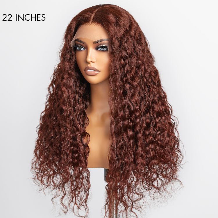 OUTLET | Casual Reddish Brown Curly 5x5 Closure Lace Glueless Mid Part Long Curly Wig 100% Human Hair-04