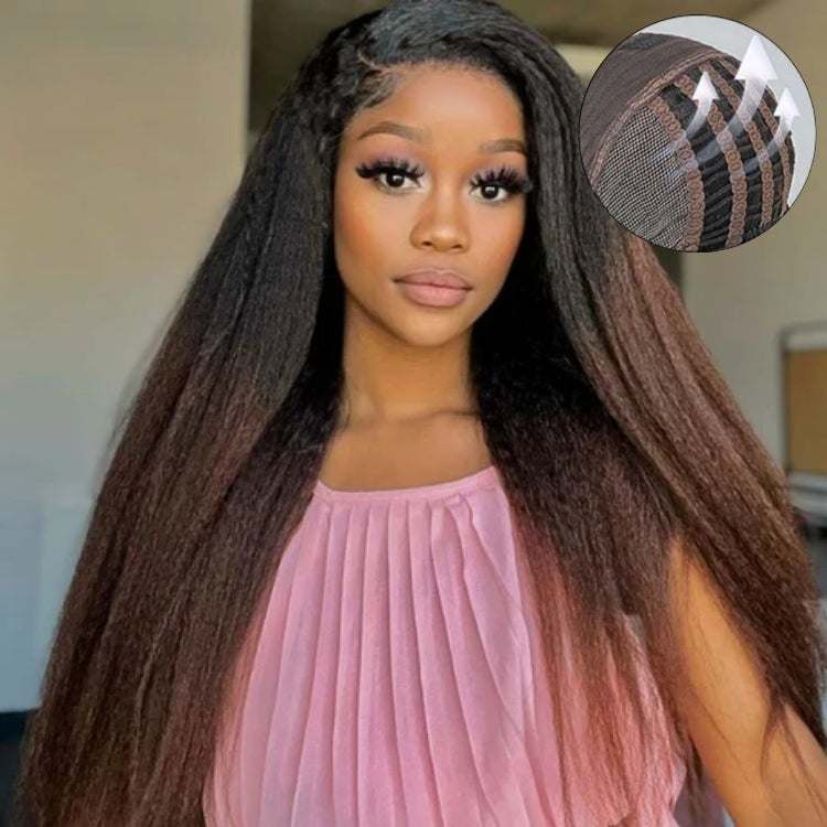 Breathable Cap Kinky Edges Black To Brown Ombre Kinky Straight 5x5 Closure Lace Glueless Long Wig-01