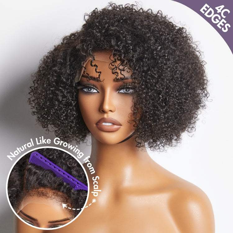 Outlet | 4C Edges | Kinky Edges Jerry Curly 5x5 Closure Lace Glueless Side Part Short Wig 100% Human Hair-04