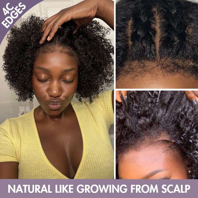 Outlet | 4C Edges | Kinky Edges Jerry Curly 5x5 Closure Lace Glueless Side Part Short Wig 100% Human Hair-05