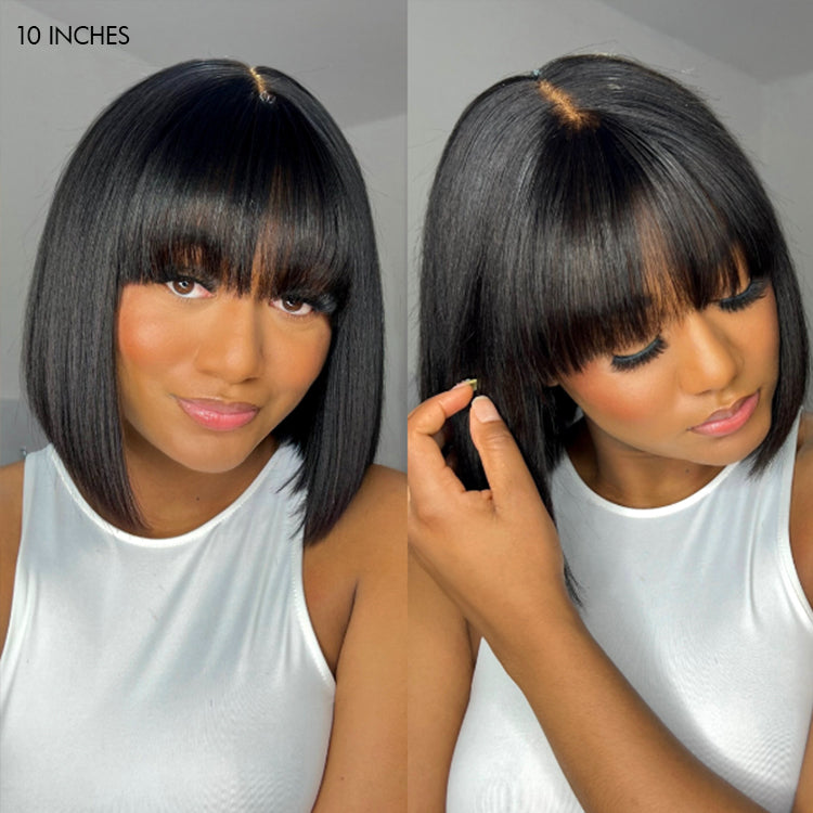 Worth | Put On And Go Realistic Glueless Yaki Straight Bob With Bangs Minimalist Lace Wig 100% Human Hair