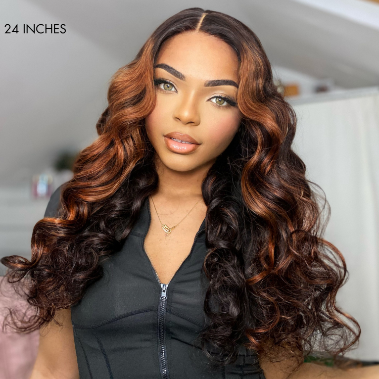 Elegant Copper Ombre Highlights Silky Straight / Loose Body Wave Glueless 5x5 Closure Lace Wig-07
