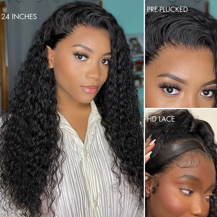 PreMax 180% / 250% Density | Water Wave 13x4 Glueless Frontal HD Lace Regular Cap & Regular Lace Drawstring Cap Free Part Long Curly Wig 100% Human Hair-10