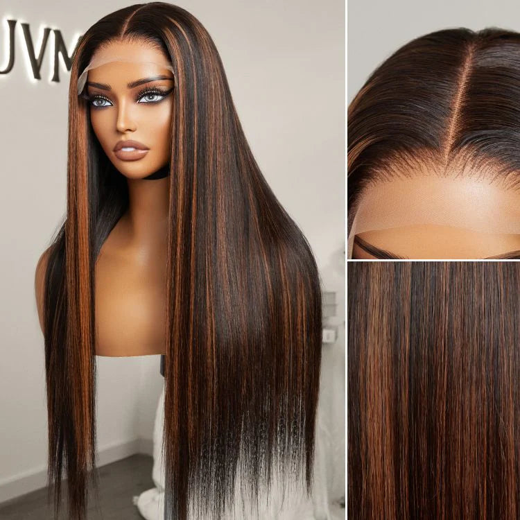Elegant Copper Ombre Highlights Silky Straight / Loose Body Wave Glueless 5x5 Closure Lace Wig-05