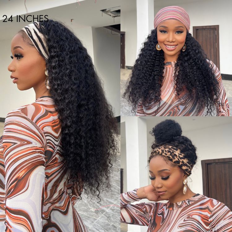 Worth |Natural Black Deep Curly Headband Long Wig Free Part-01
