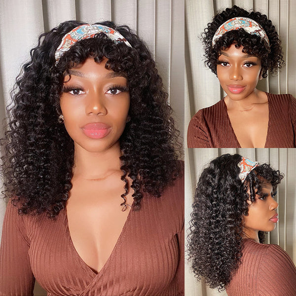 Worth | Natural Black Deep Wave No Lace Headbang Wigs With Bangs 100% Human Hair