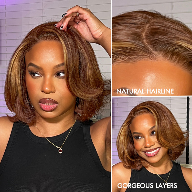 Limited Design | Toffee Brown Mix Blonde / Natural Black Layered Cut Glueless 5x5 Closure Lace Bob Wig