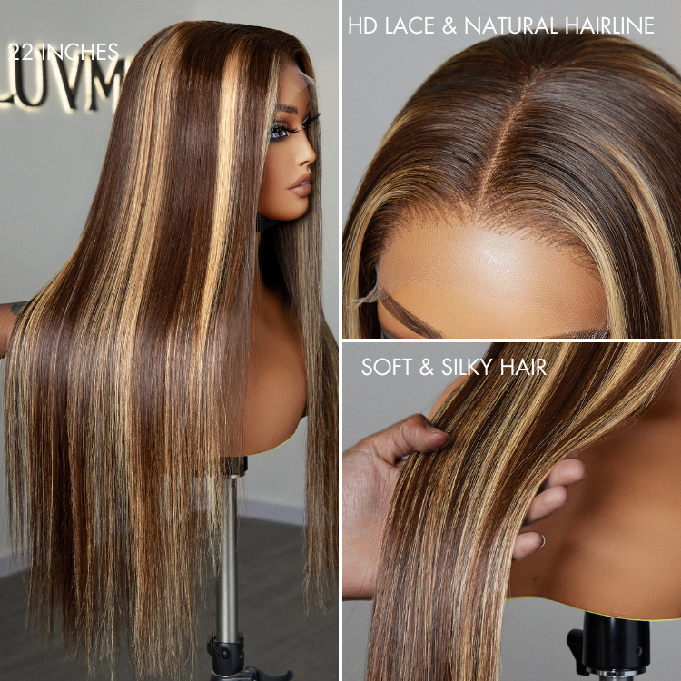 Honey Blonde Highlight Silky Straight Glueless Undetectable 5x5 Closure HD Transparent Lace Long Wig
