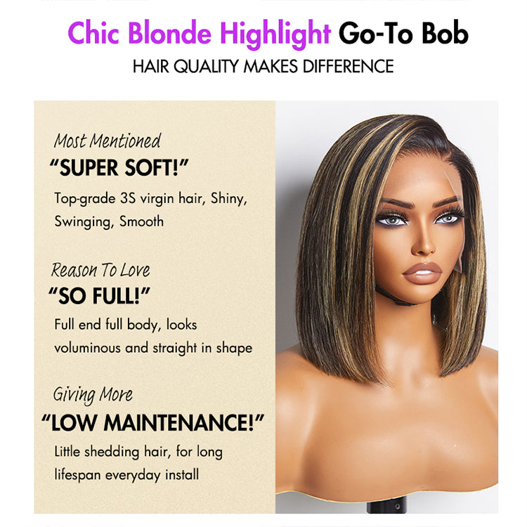 Special Price | PreMax Wigs | Ombre Blonde Highlight Silky Straight Glueless Ear-to-ear Lace Bob Wig 100% Human Hair Pre-Cut Lace-08
