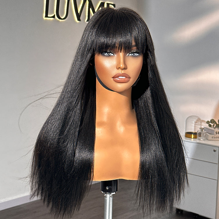 Breathable Cap Yaki Straight Ultra Natural Minimalist Lace Long Wig with Bangs