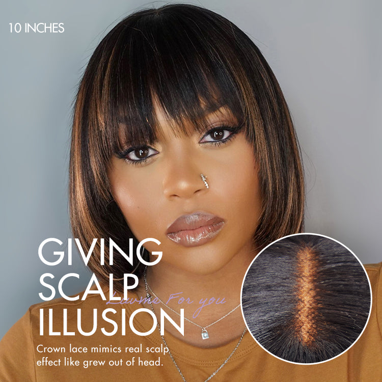 Put On and Go Brown Highlight / Natural Black Layered Cut Yaki Straight Minimalist Lace Bob Wig with Bangs