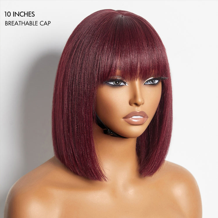 Worth | Put On And Go Realistic Glueless Yaki Straight Bob With Bangs Minimalist Lace Wig 100% Human Hair