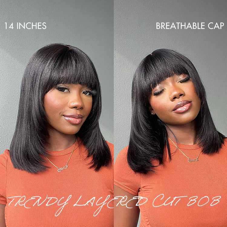 Put On and Go Brown Highlight / Natural Black Layered Cut Yaki Straight Minimalist Lace Bob Wig with Bangs