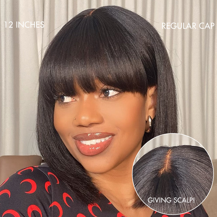 Put On and Go Brown Highlight / Natural Black Layered Cut Yaki Straight Minimalist Lace Bob Wig with Bangs