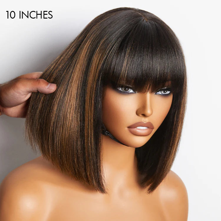 WOrth I Brown Highlight Realistic Glueless Yaki Straight Bob with Bangs Minimalist Lace Bob Wig Put on & Go-02
