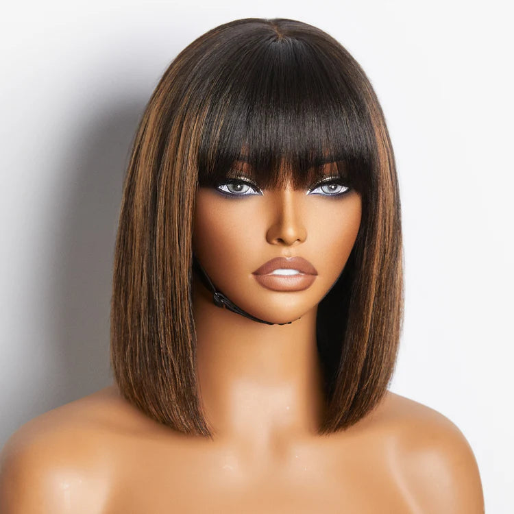 WOrth I Brown Highlight Realistic Glueless Yaki Straight Bob with Bangs Minimalist Lace Bob Wig Put on & Go-01