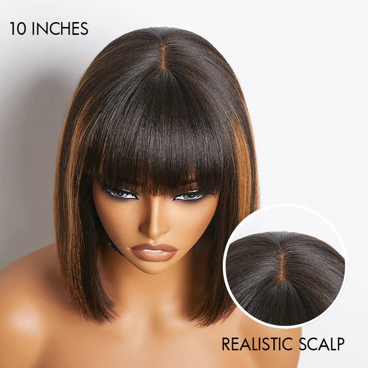 WOrth I Brown Highlight Realistic Glueless Yaki Straight Bob with Bangs Minimalist Lace Bob Wig Put on & Go-03