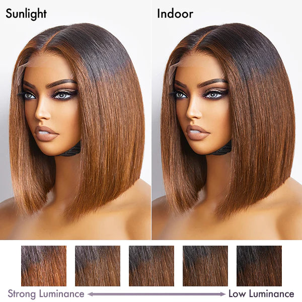 Worth |Brown Ombre Highlight Silky Blunt Cut Glueless 5x5 Closure HD Lace Short Bob Wig