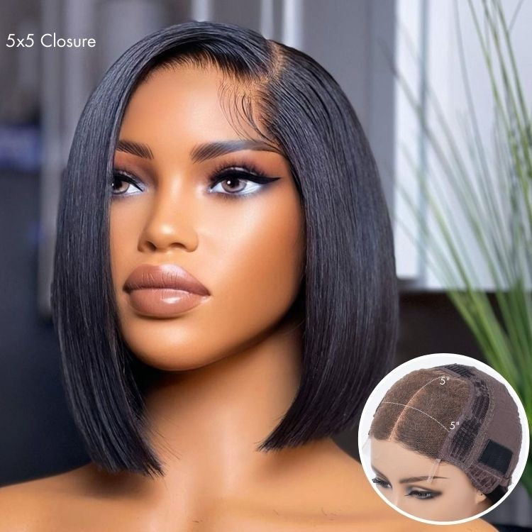 PreMax Wigs | Super Natural Hairline Silky Glueless 5x5 Closure HD Lace Short Bob Wig Pre-Cut Lace