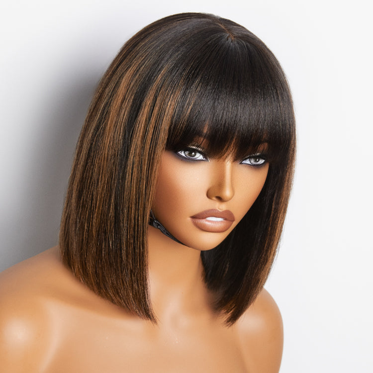 WOrth I Brown Highlight Realistic Glueless Yaki Straight Bob with Bangs Minimalist Lace Bob Wig Put on & Go-04