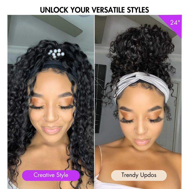 Worth | 16 Inches Deep Wave No Lace Glueless Long Headband Wig (Get Free Trendy Headbands)