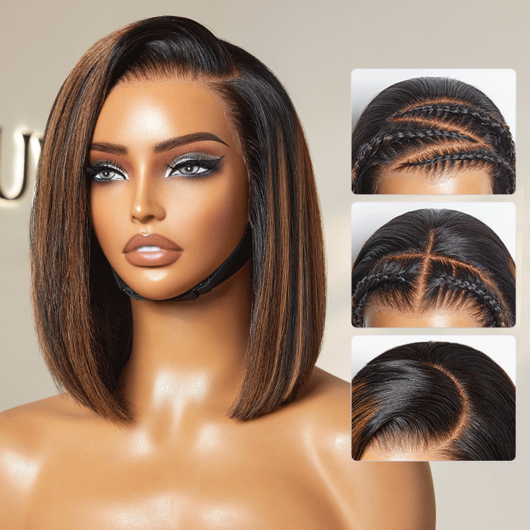 PreMax Wigs | Brown Highlight Silky Blunt Cut Bob Glueless Lace Wig With Pre-Bleached Pre-Plucked Pre-Cut Lace-10