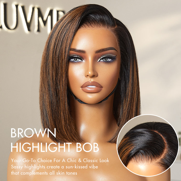 PreMax Wigs | Natural Looking Brown Highlight Silky Blunt Cut Bob Glueless 13x4 Frontal Lace Wig