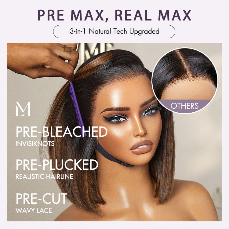 PreMax Wigs | Natural Looking Brown Highlight Silky Blunt Cut Bob Glueless 13x4 Frontal Lace Wig