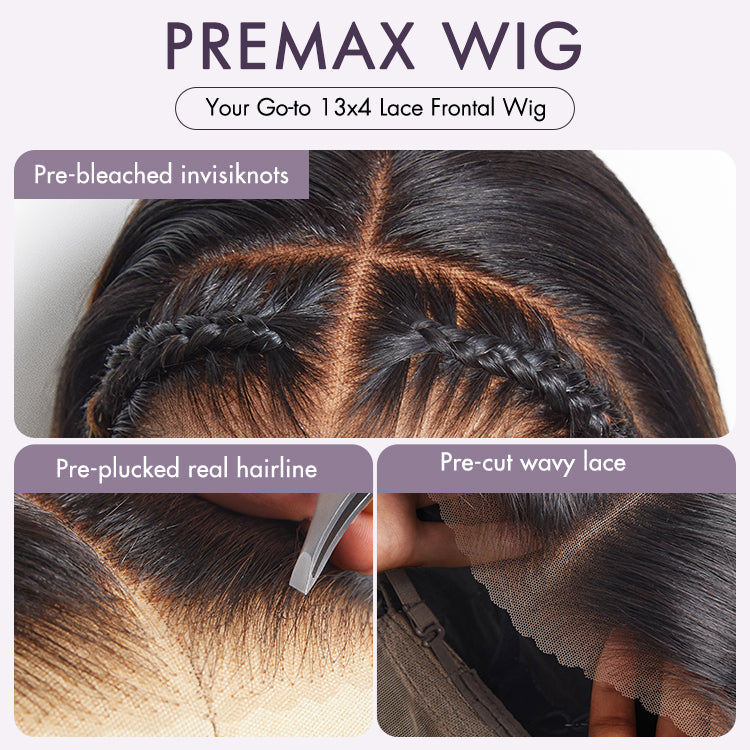 PreMax Wigs | Natural Looking Brown Highlight Silky Blunt Cut Bob Glueless 13x4 Frontal Lace Wig