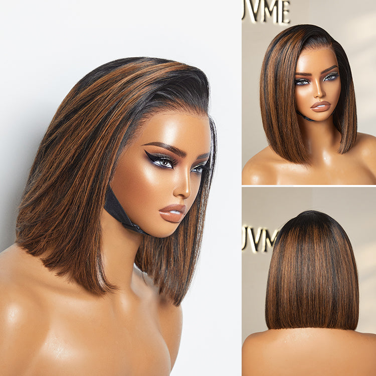 PreMax Wigs | Natural Looking Brown Highlight Silky Blunt Cut Bob Glueless 13x4 Frontal Lace Wig