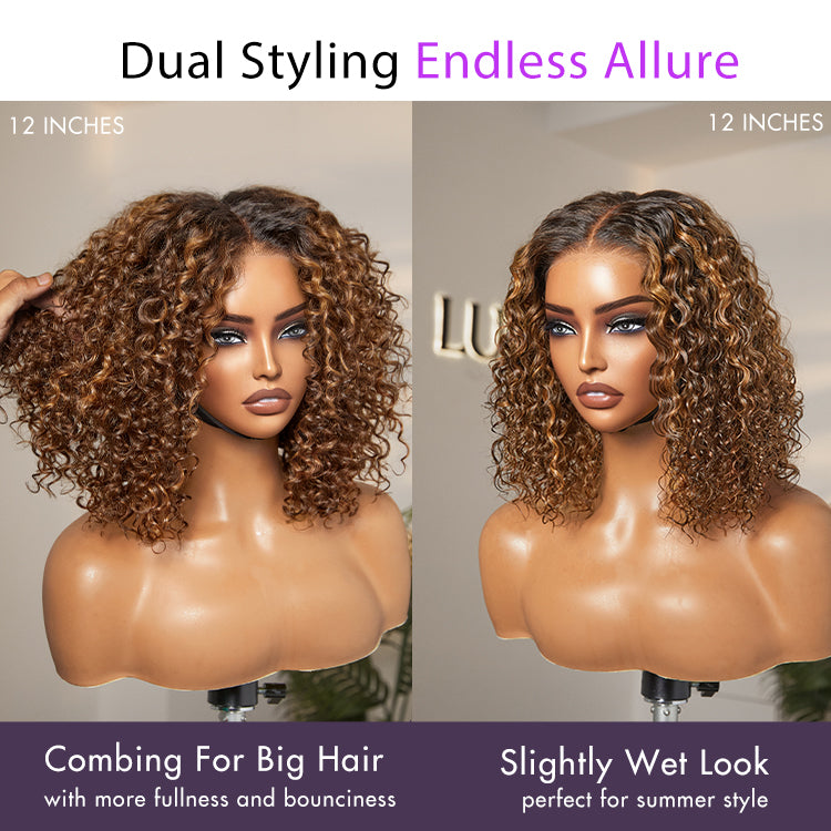 1 SEC INSTALL WIG | Ombre Brown Highlight / Natural Black Deep Curly Glueless 5x5 Closure Lace Wig Pre-Cut Lace-10