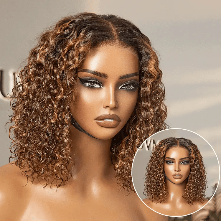 1 SEC INSTALL WIG | Ombre Brown Highlight / Natural Black Deep Curly Glueless 5x5 Closure Lace Wig Pre-Cut Lace-09