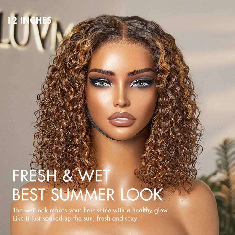 1 SEC INSTALL WIG | Ombre Brown Highlight / Natural Black Deep Curly Glueless 5x5 Closure Lace Wig Pre-Cut Lace-12