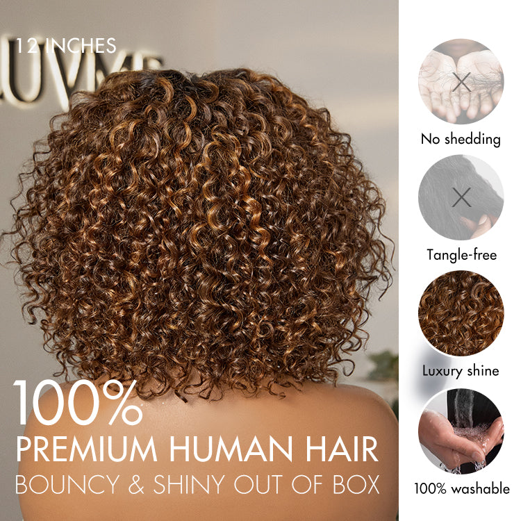 1 SEC INSTALL WIG | Ombre Brown Highlight / Natural Black Deep Curly Glueless 5x5 Closure Lace Wig Pre-Cut Lace-14
